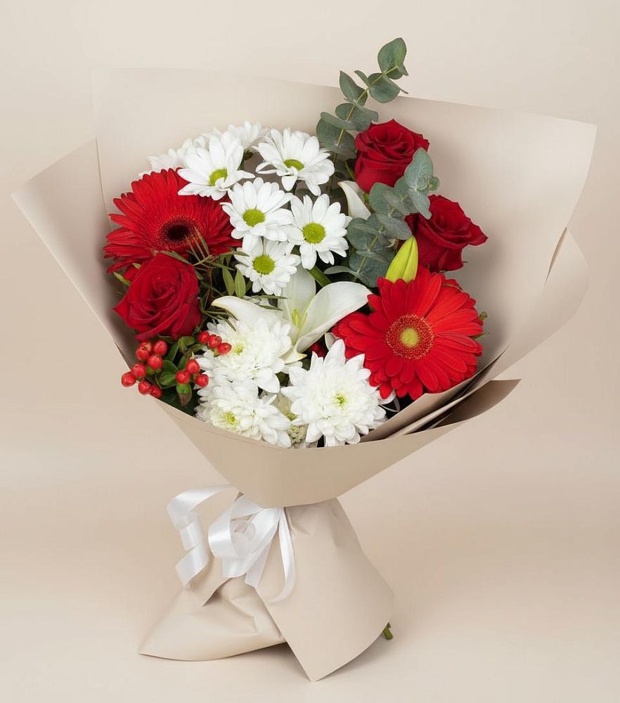 Букет цветов из: Розы, Хризантемы, Герберы и Лилии в Апанасенковском